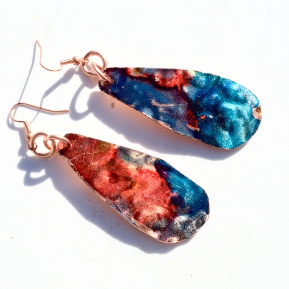 Conceptual Subculture Jewelry - Festive Blue Red Copper Embossed Earrings Handmade Textured Painted Rustic Boho